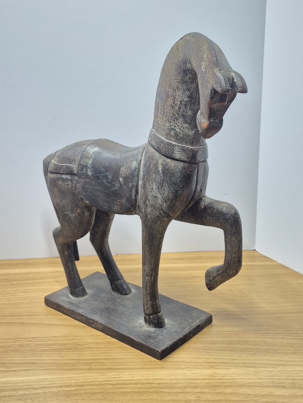 Rustic Carved Wood Horse Figurine Tang Style Folk Art Statue Made in India